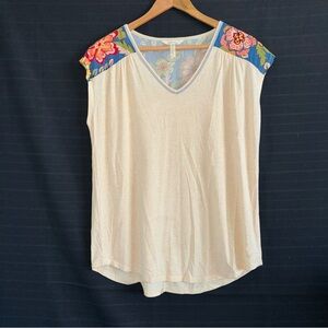 Matilda Jane womens short sleeve mixed media shirt top blue floral tan M